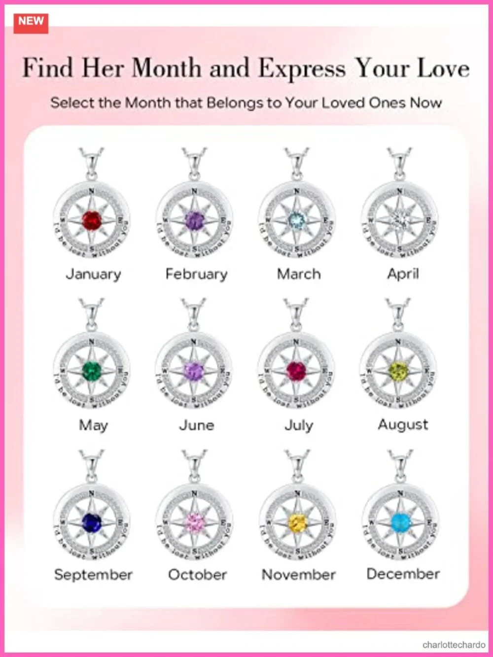 S925 Sterling Silver Compass Pendant Necklace Cubic Zirconia Anniversary Gift